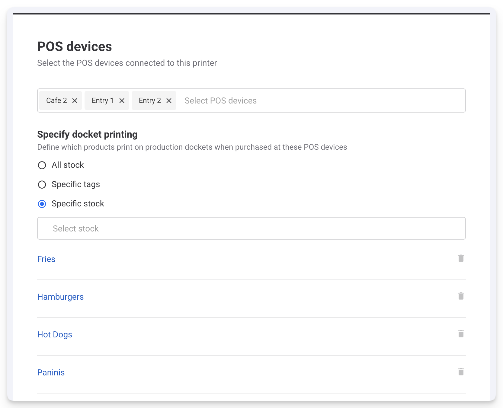 Settings for POS devices and specific stock printing options for a restaurant.